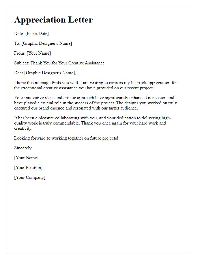 Letter template of appreciation for graphic designer's creative assistance