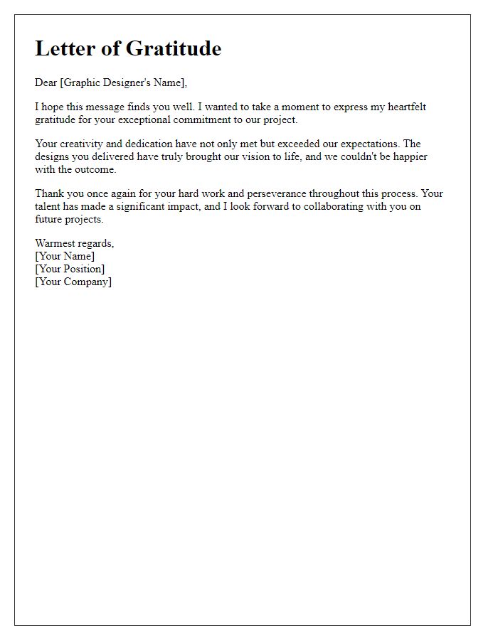 Letter template of gratitude for graphic designer's commitment to the project