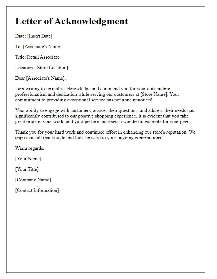 Letter template of acknowledgment for a retail associate's professionalism