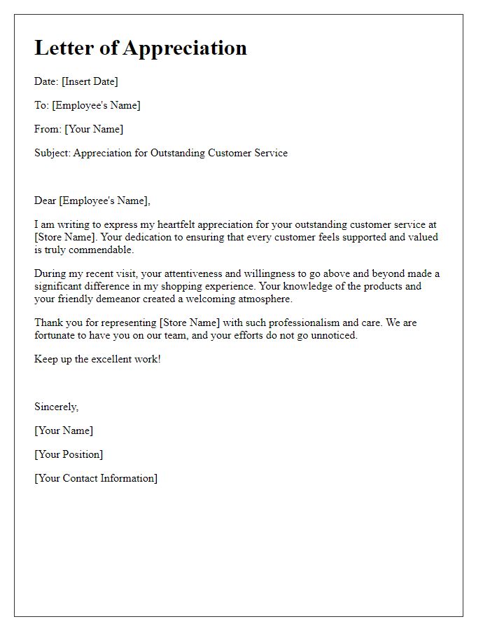 Letter template of appreciation for outstanding customer service from a retail associate