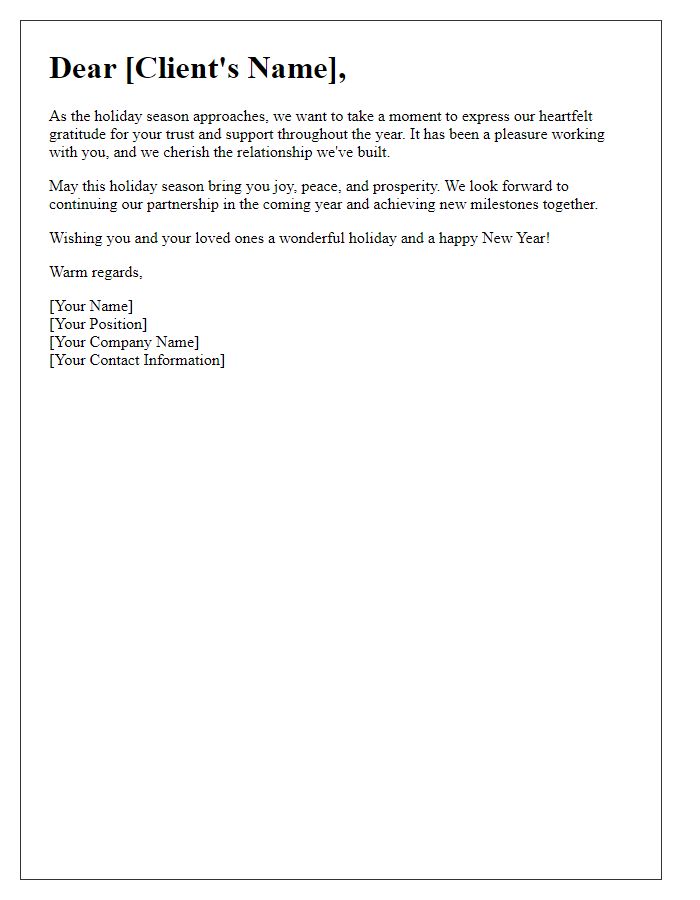 Letter template of holiday appreciation and best wishes for our clients