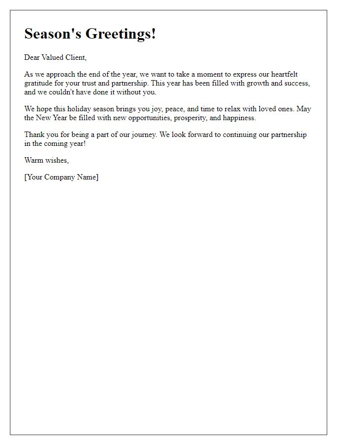 Letter template of holiday cheer and gratitude to our clients