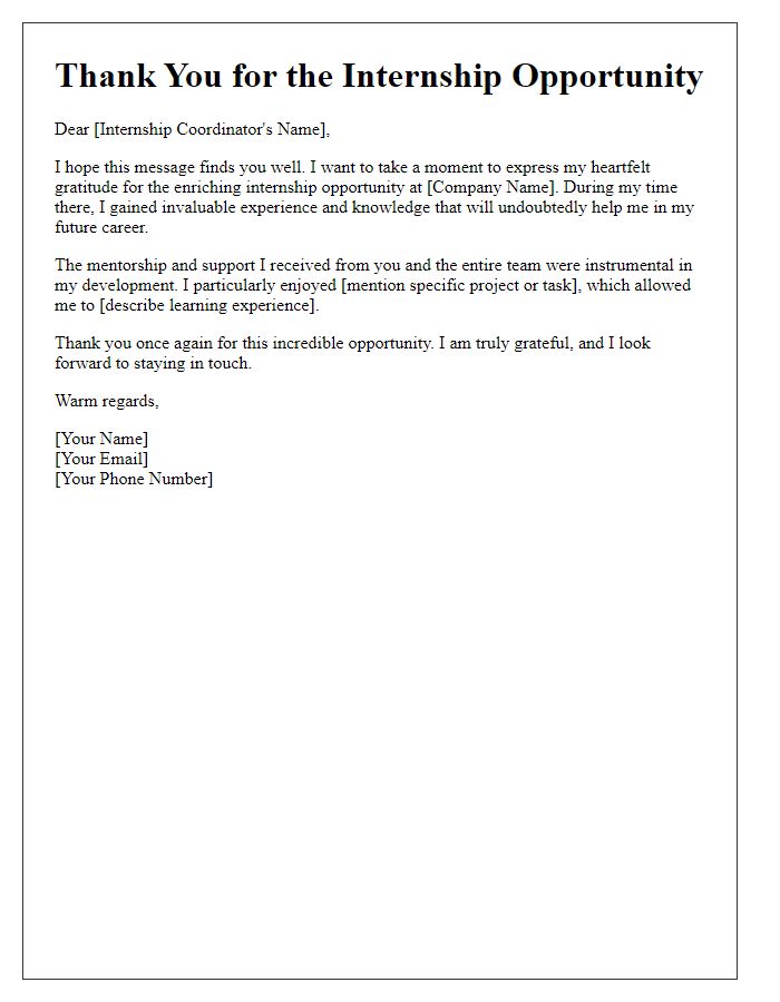 Letter template of thanks for an enriching internship opportunity.