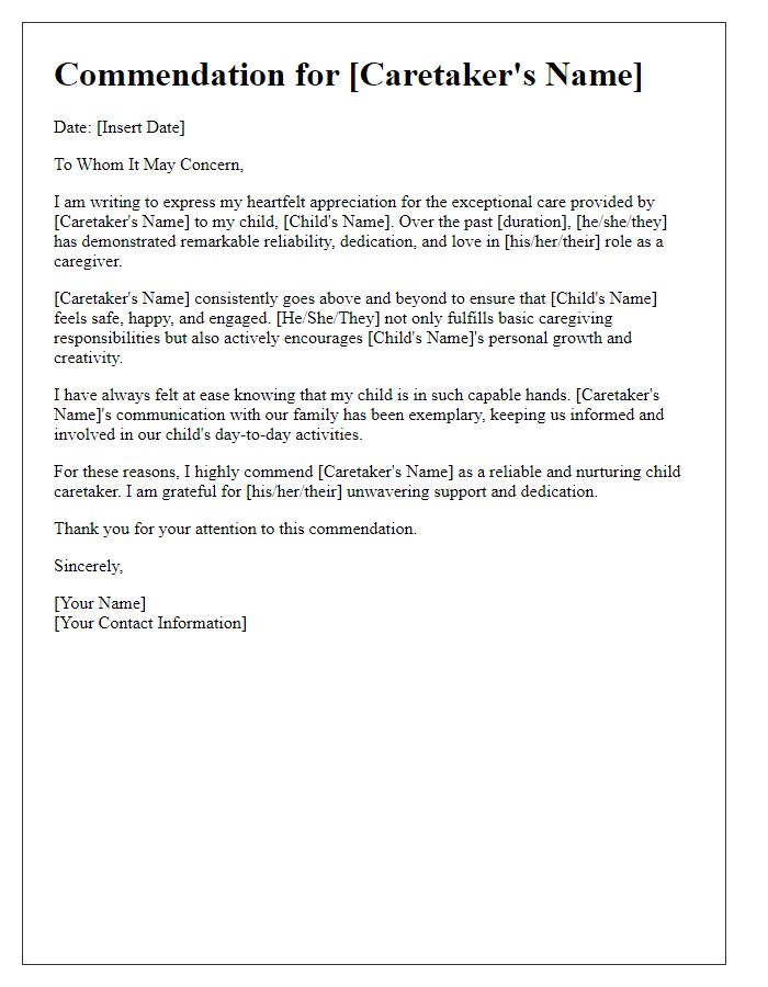 Letter template of commendation for a reliable child caretaker