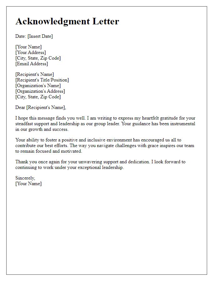 Letter template of acknowledgment for a supportive group leader