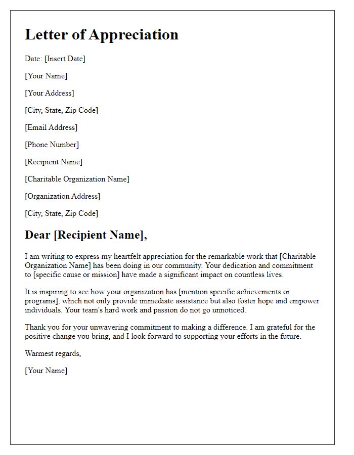 Letter template of appreciation for a charitable organization