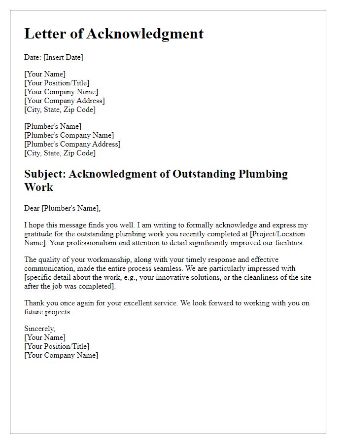 Letter template of acknowledgment for outstanding plumbing work