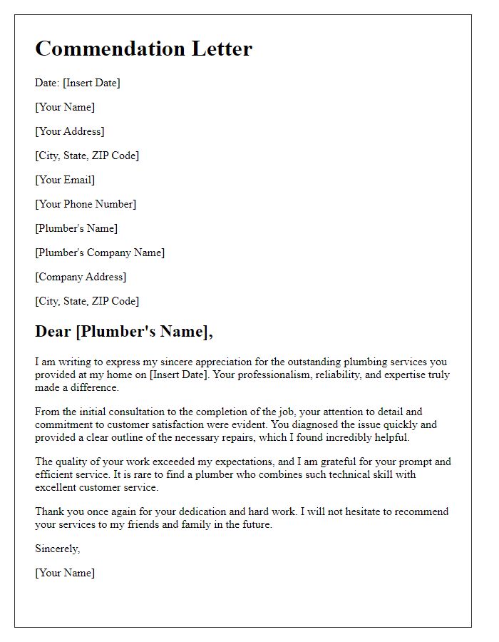 Letter template of commendation for a reliable plumber