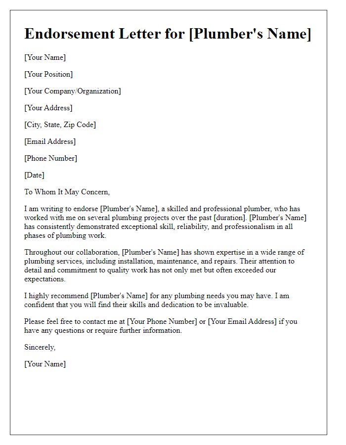 Letter template of endorsement for a professional plumber