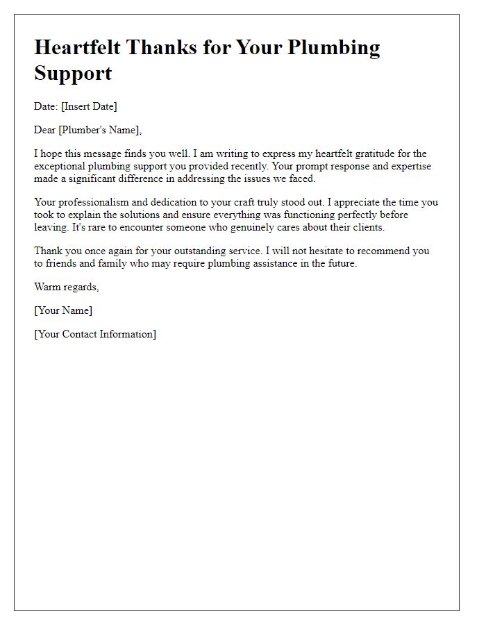 Letter template of heartfelt thanks for plumbing support