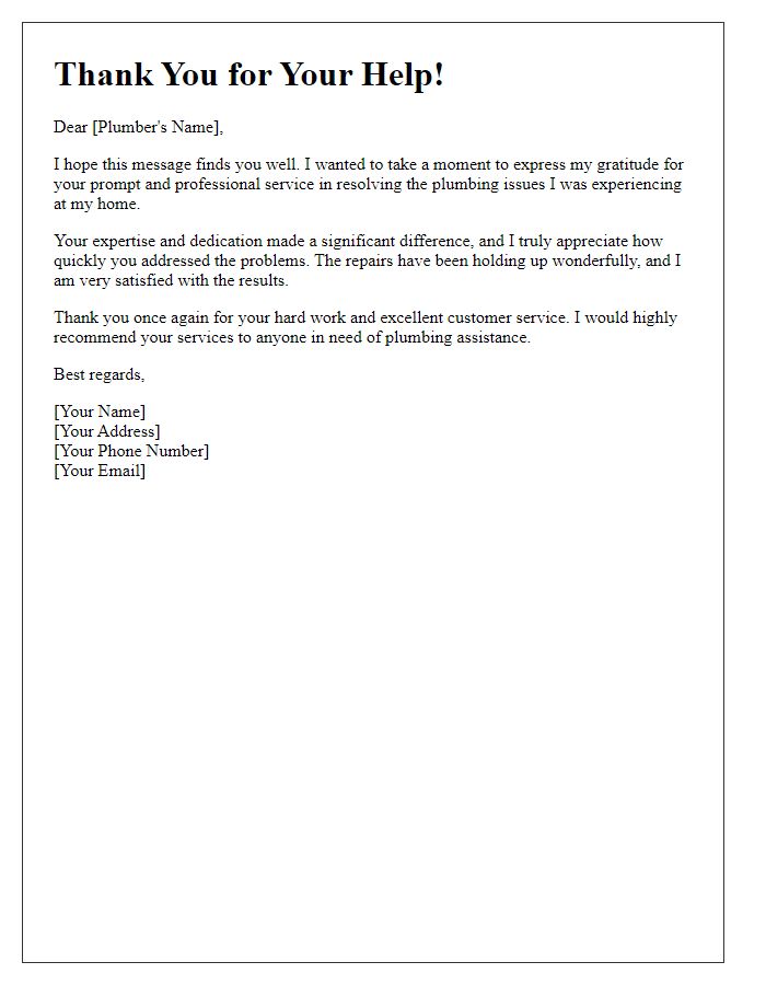 Letter template of thanks for resolving plumbing issues