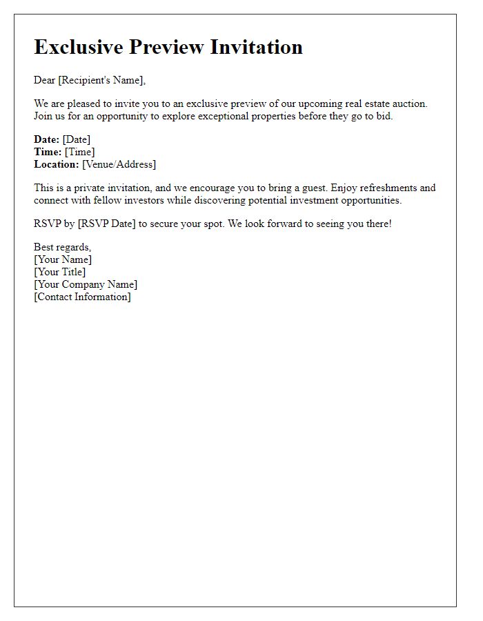 Letter template of exclusive preview invitation for real estate auction