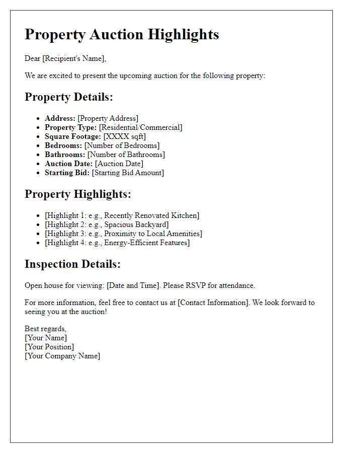 Letter template of real estate auction property highlights