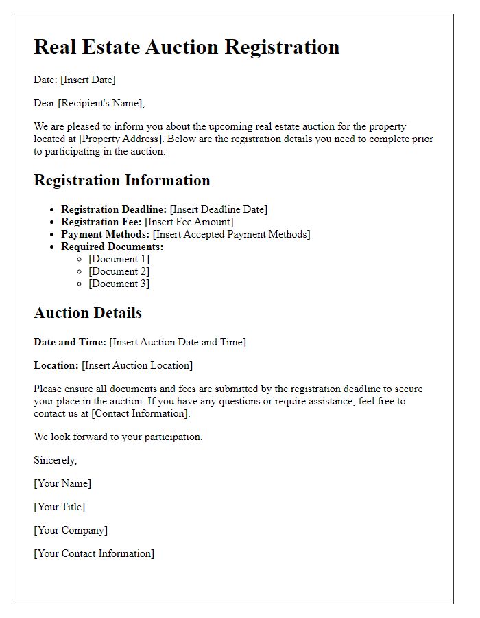 Letter template of real estate auction registration information