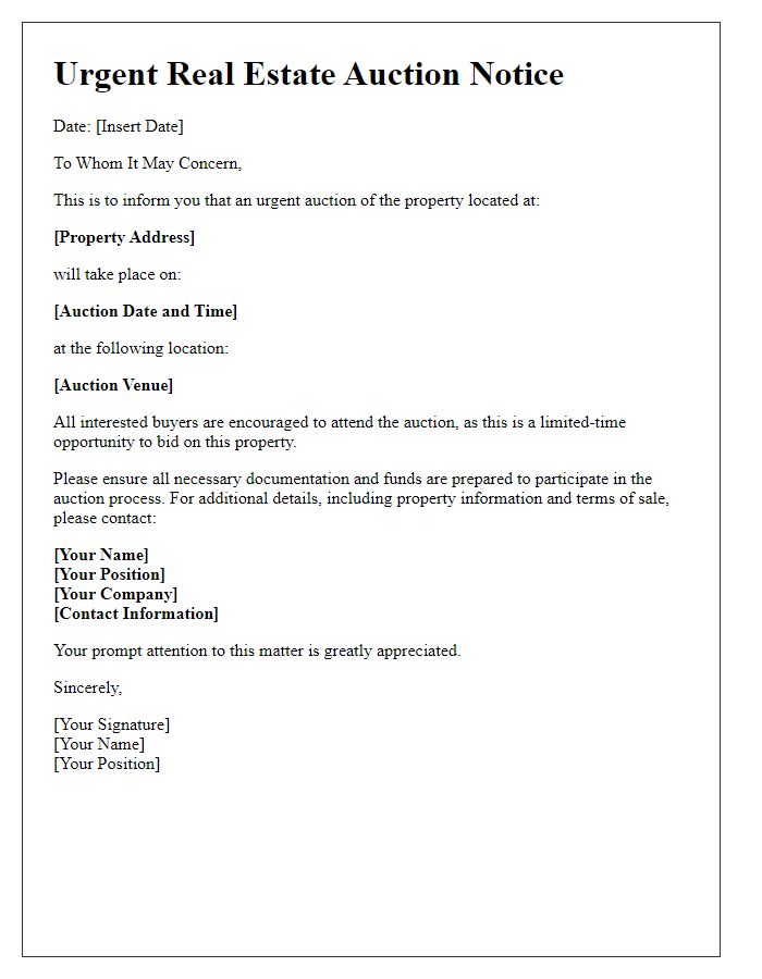 Letter template of urgent real estate auction notice