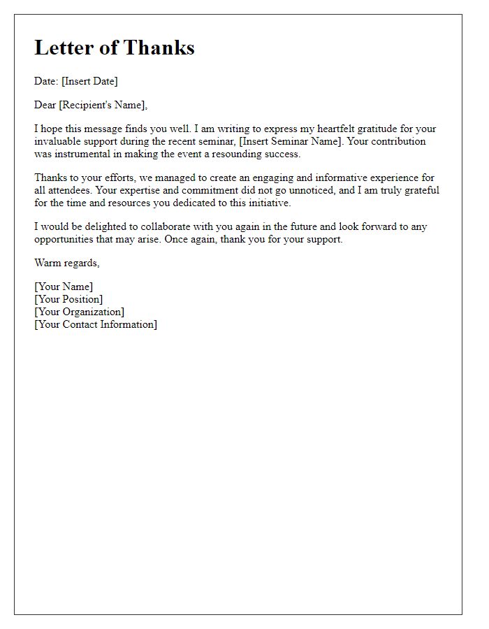 Letter template of heartfelt thanks for seminar support