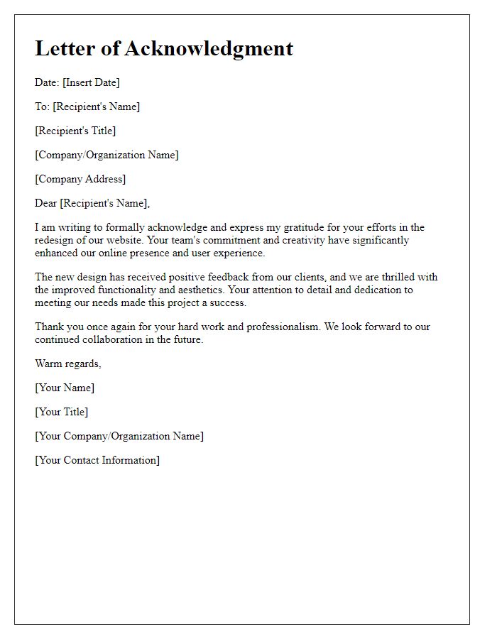 Letter template of acknowledgment for website redesign efforts