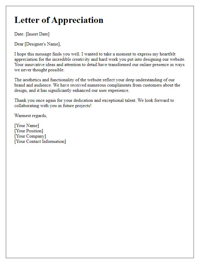 Letter template of appreciation for a website designer's creativity