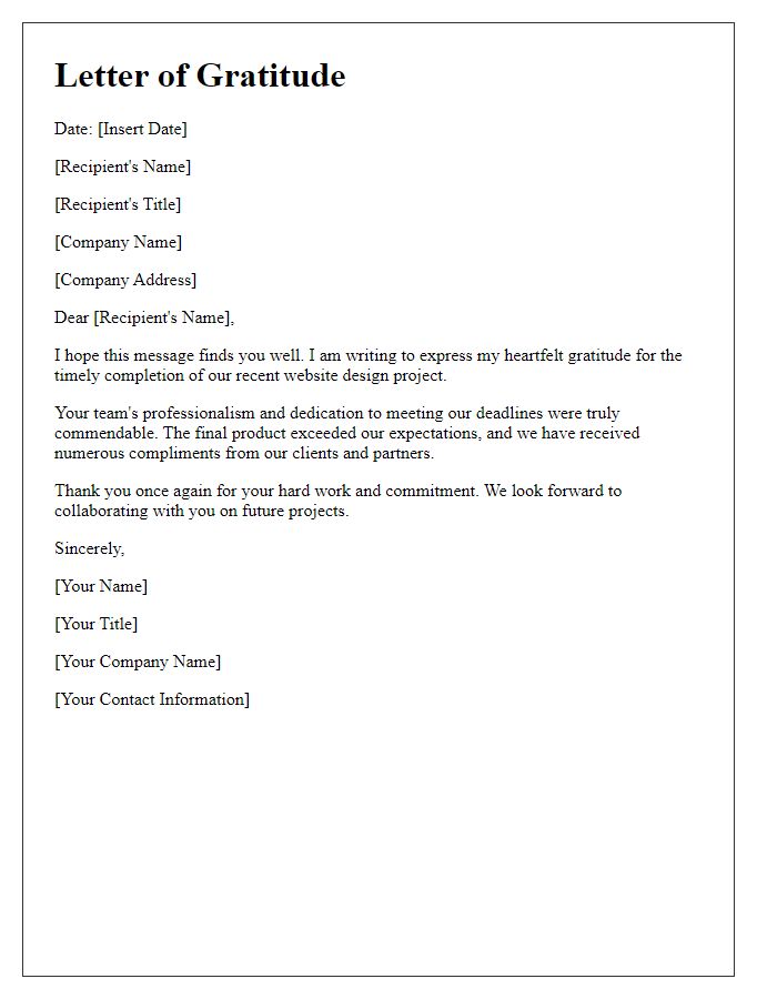 Letter template of gratitude for timely website design completion