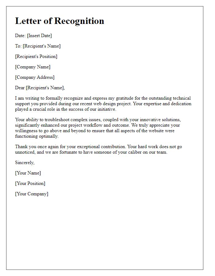 Letter template of recognition for outstanding technical support in web design