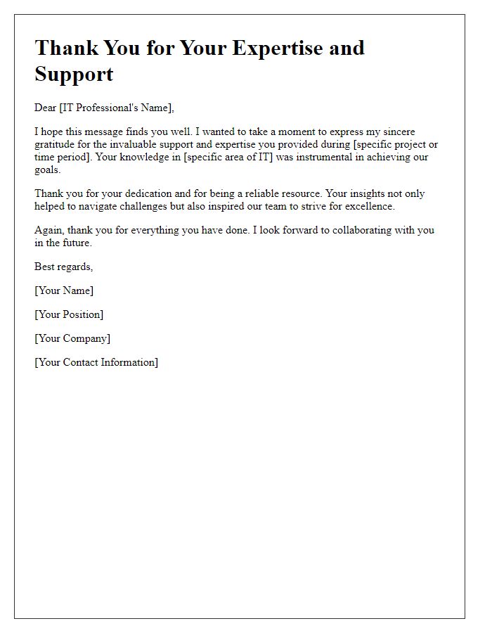 Letter template of thanks for expertise and support from an IT professional.