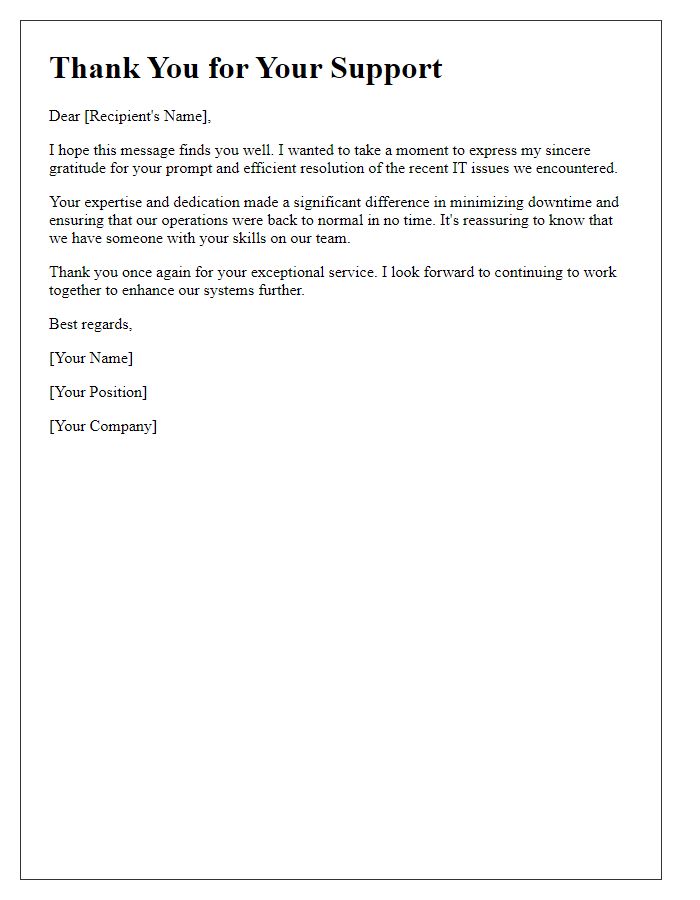 Letter template of thanks for resolving IT issues efficiently.