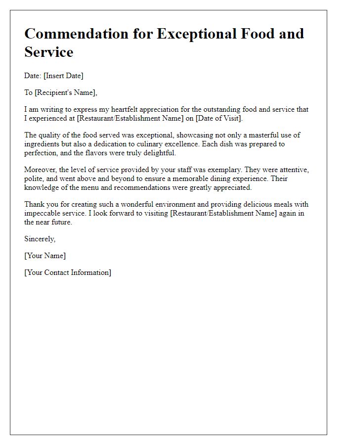 Letter template of commendation for exceptional food and service.