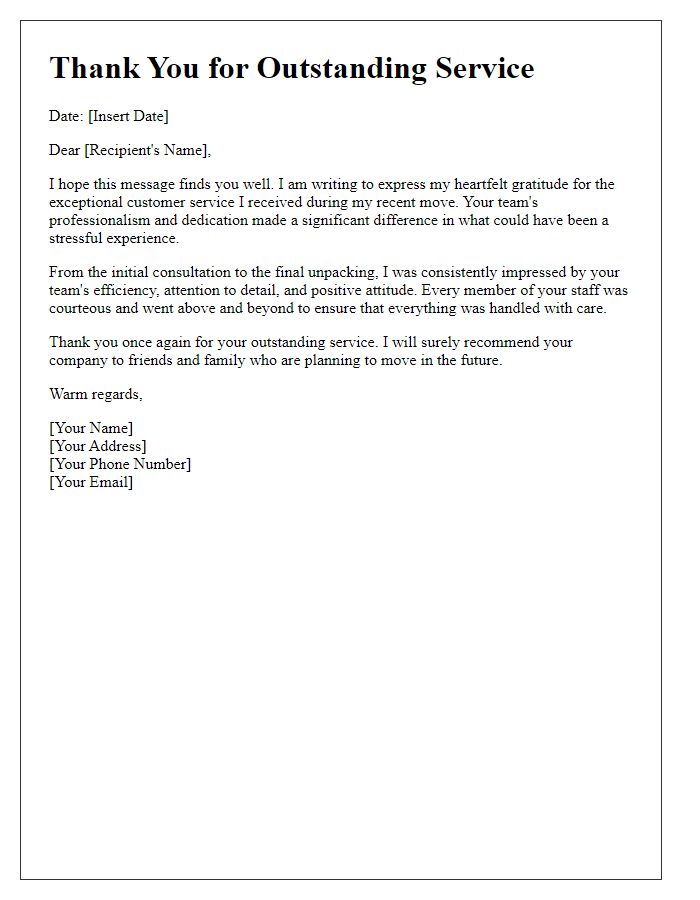 Letter template of thanks for excellent customer service during the move.