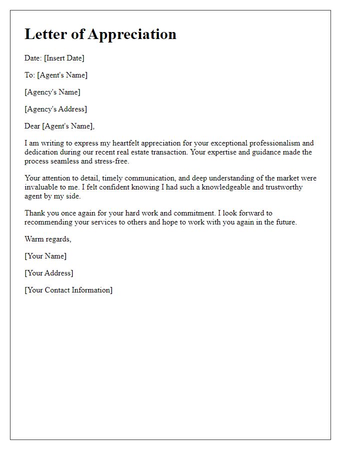 Letter template of appreciation for your professionalism in real estate