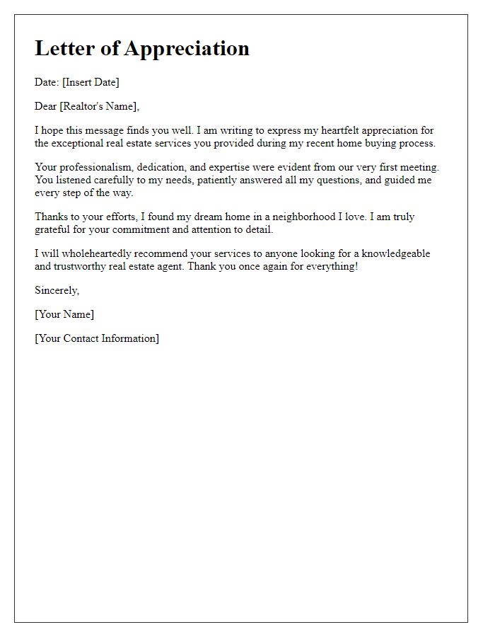 Letter template of heartfelt appreciation for your real estate services