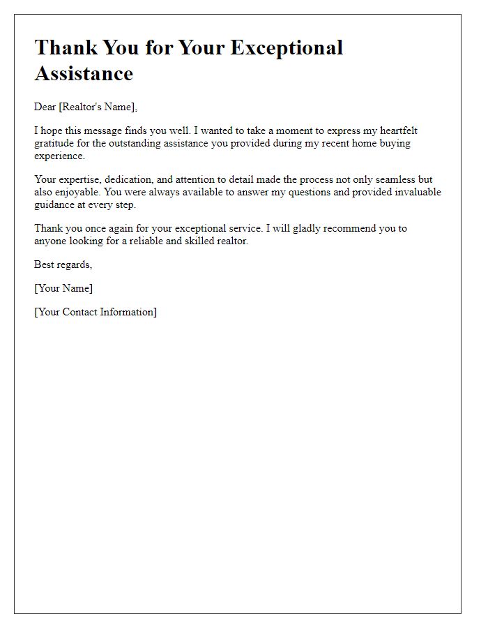 Letter template of thanks for exceptional realtor assistance