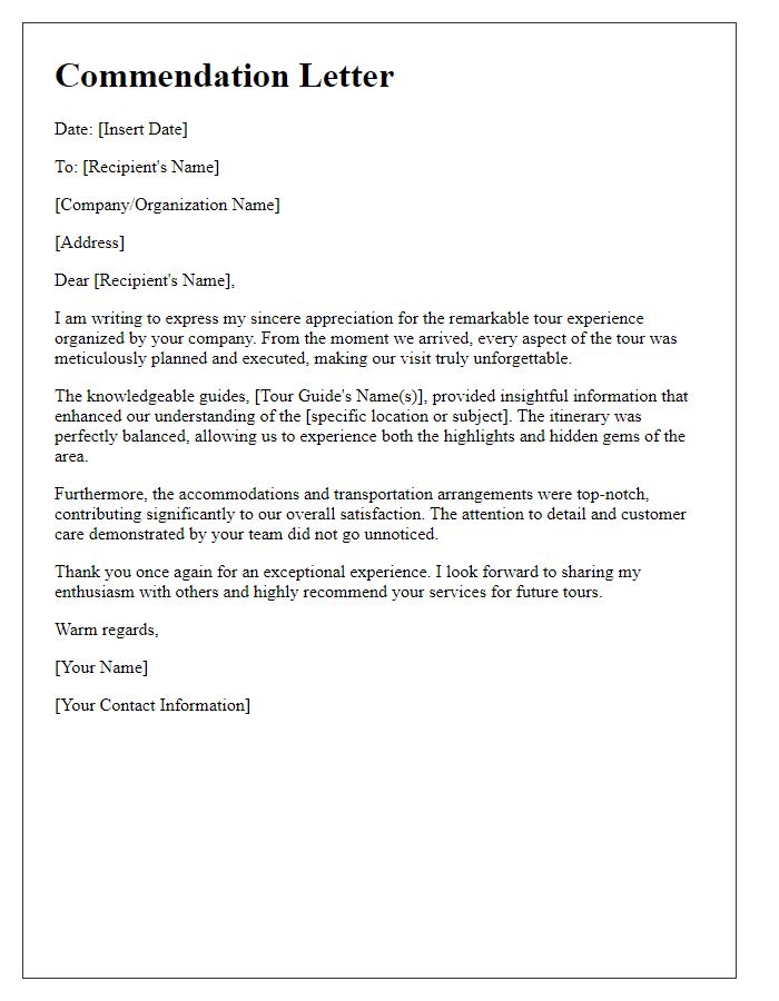 Letter template of commendation for a brilliant tour experience