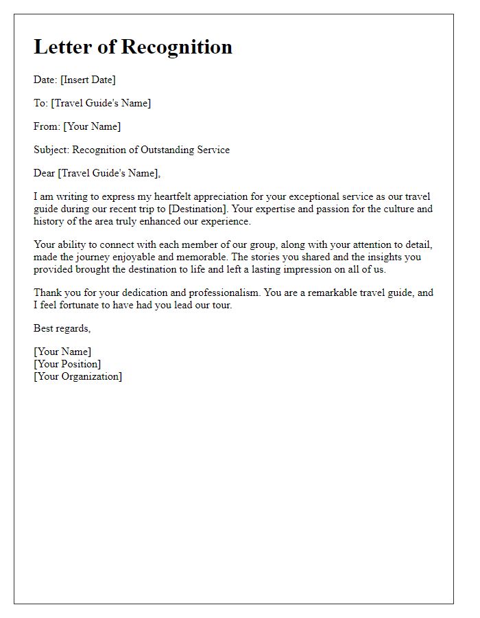 Letter template of recognition for an outstanding travel guide