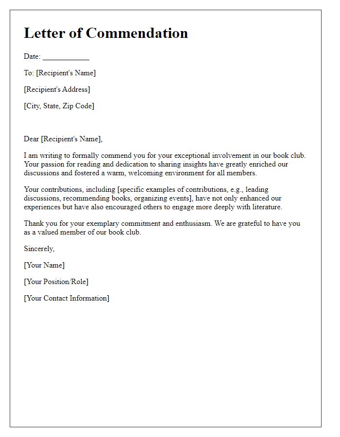 Letter template of commendation for active involvement in book club