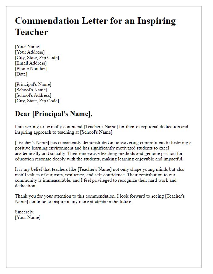 Letter template of commendation for an inspiring teacher