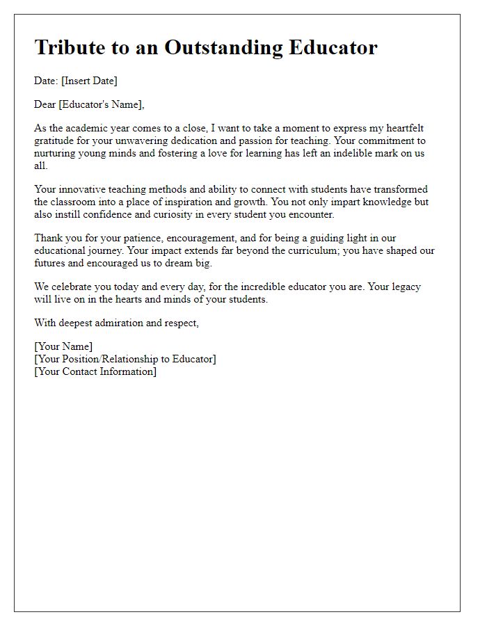 Letter template of tribute for a dedicated educator