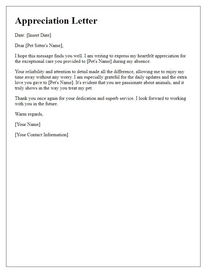 Letter template of appreciation for a reliable pet sitter