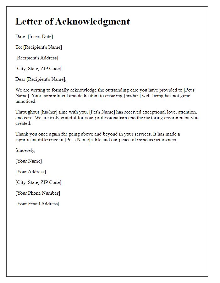 Letter template of acknowledgment for outstanding pet care