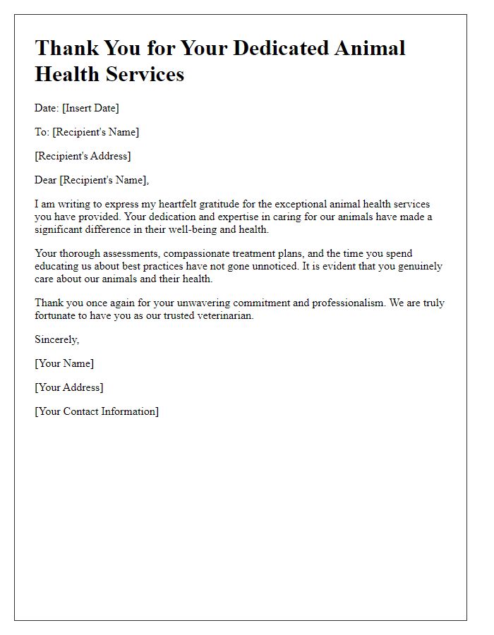 Letter template of thanks for dedicated animal health services