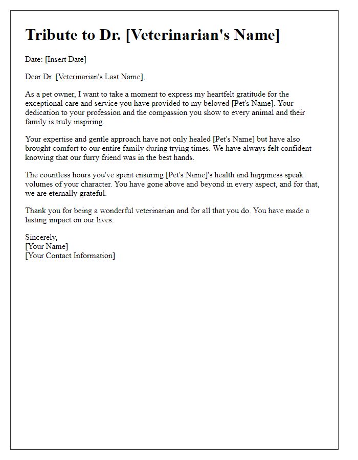 Letter template of tribute to a wonderful veterinarian