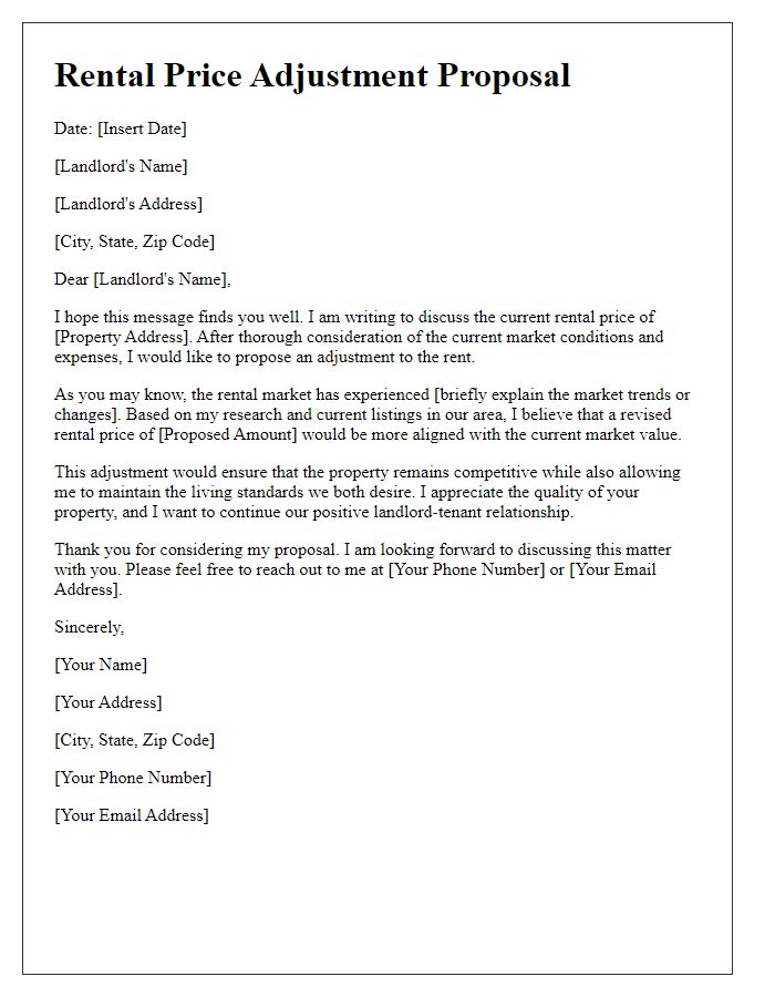 Letter template of adjusted rental price proposal for landlords