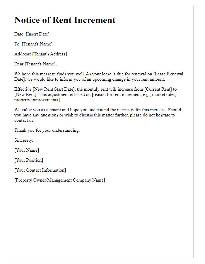 Letter template of notice for rent increment for lease renewal