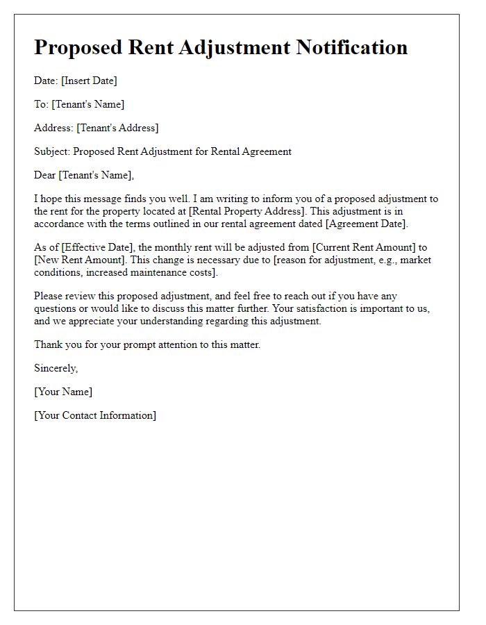 Letter template of proposed rent adjustment for rental agreement