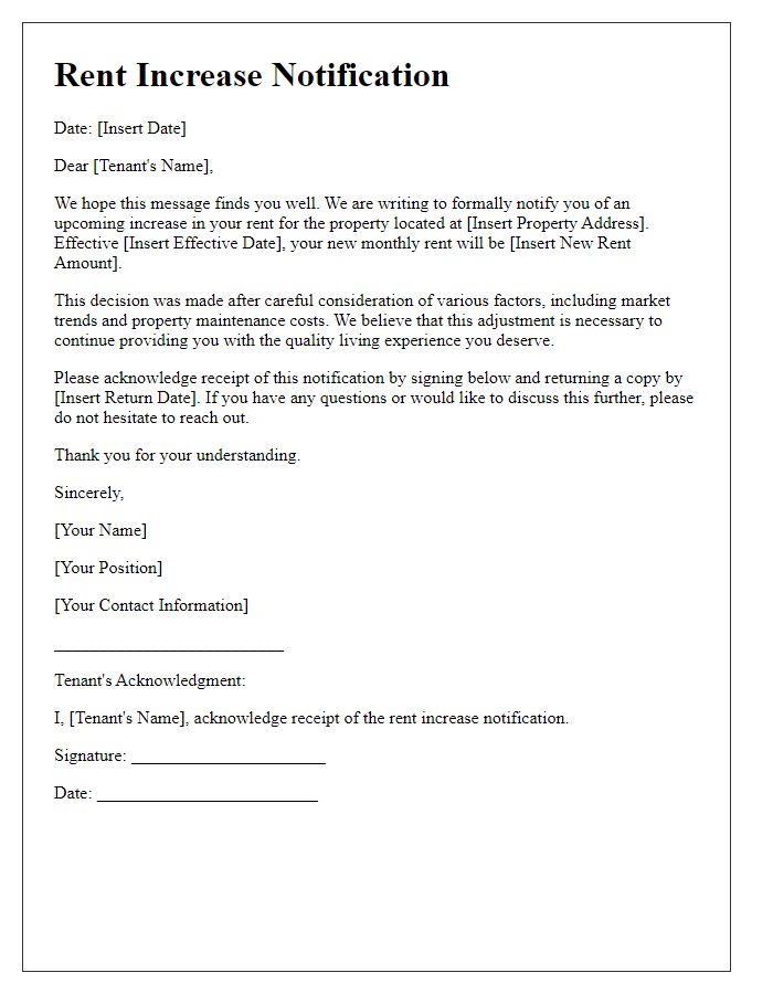 Letter template of rent increase notification for tenant acknowledgment