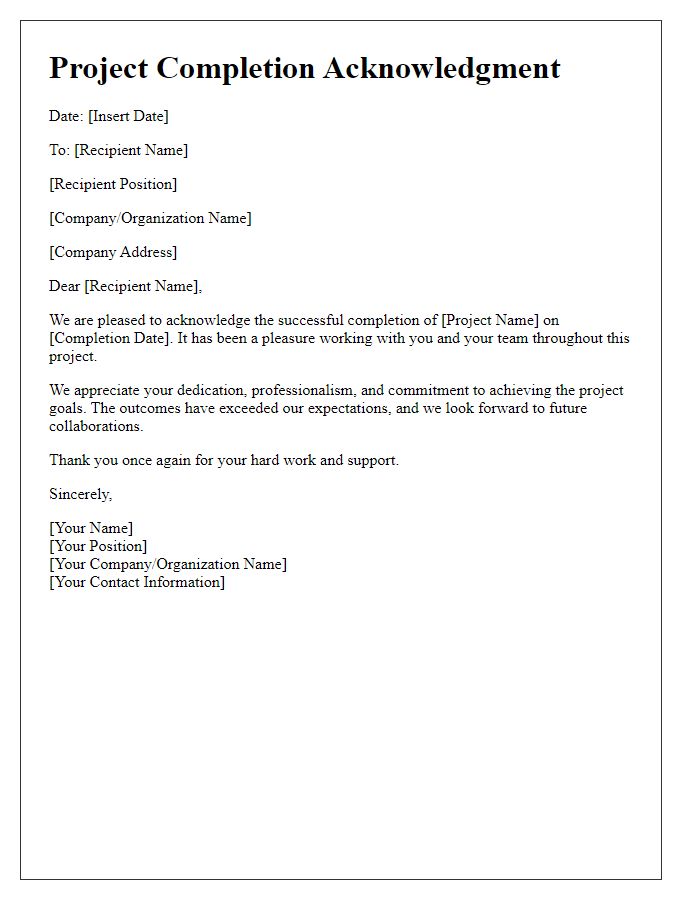 Letter template of acknowledgment for the successful completion of a project