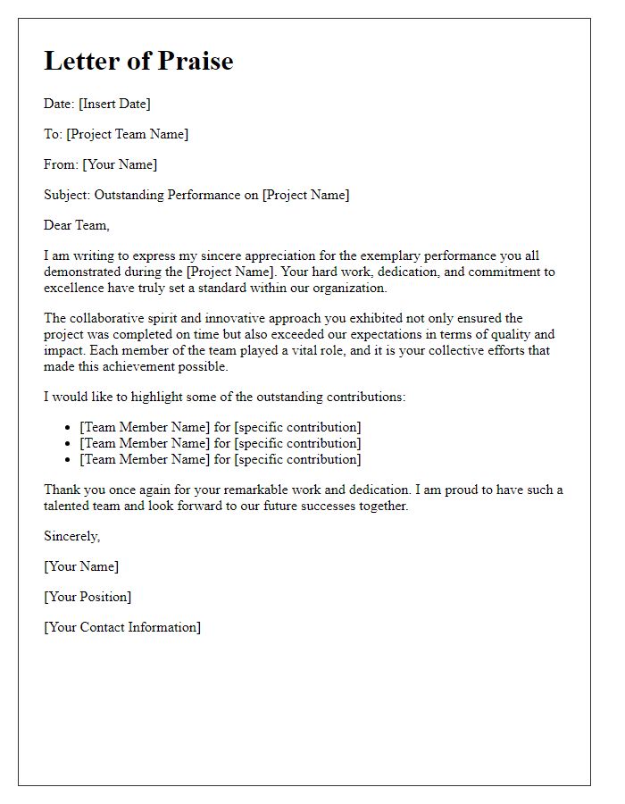 Letter template of praise for the exemplary performance of a project team