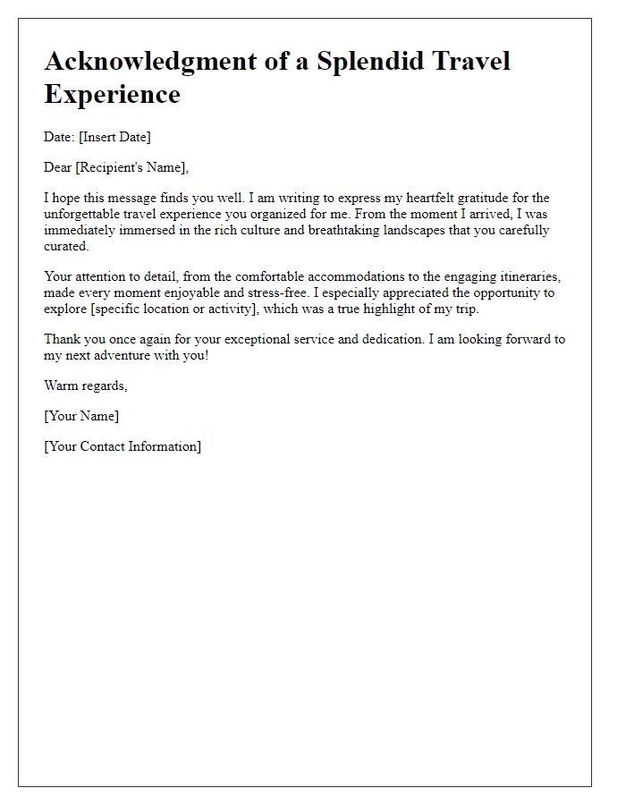 Letter template of acknowledgment for a splendid travel experience.