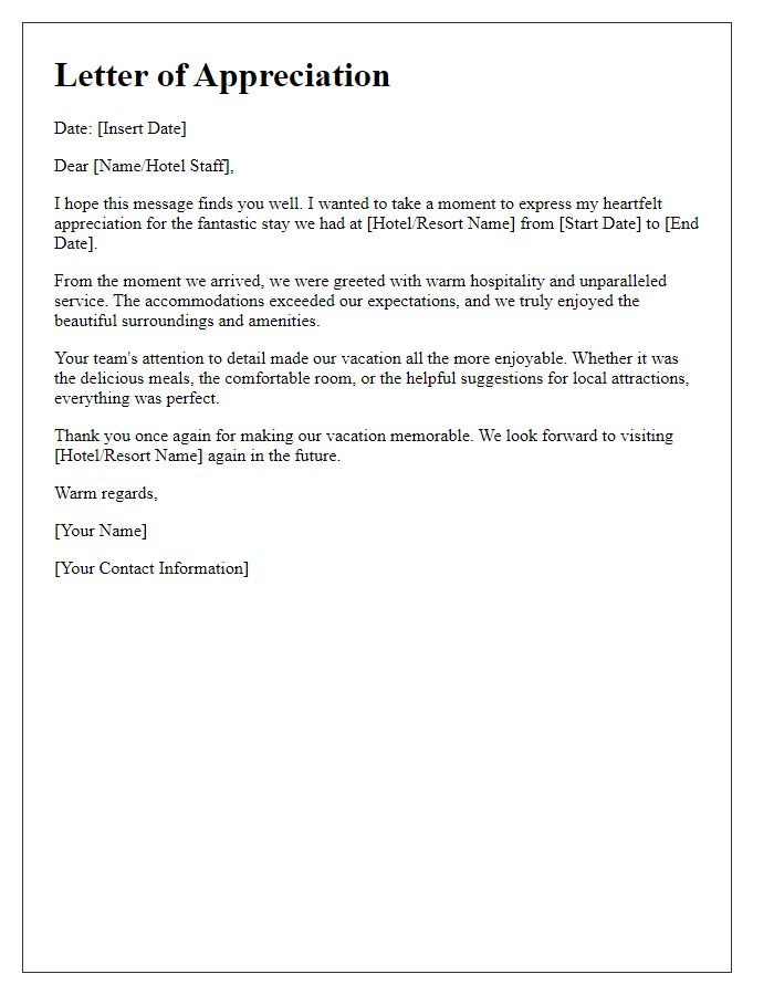 Letter template of appreciation for a fantastic vacation stay.