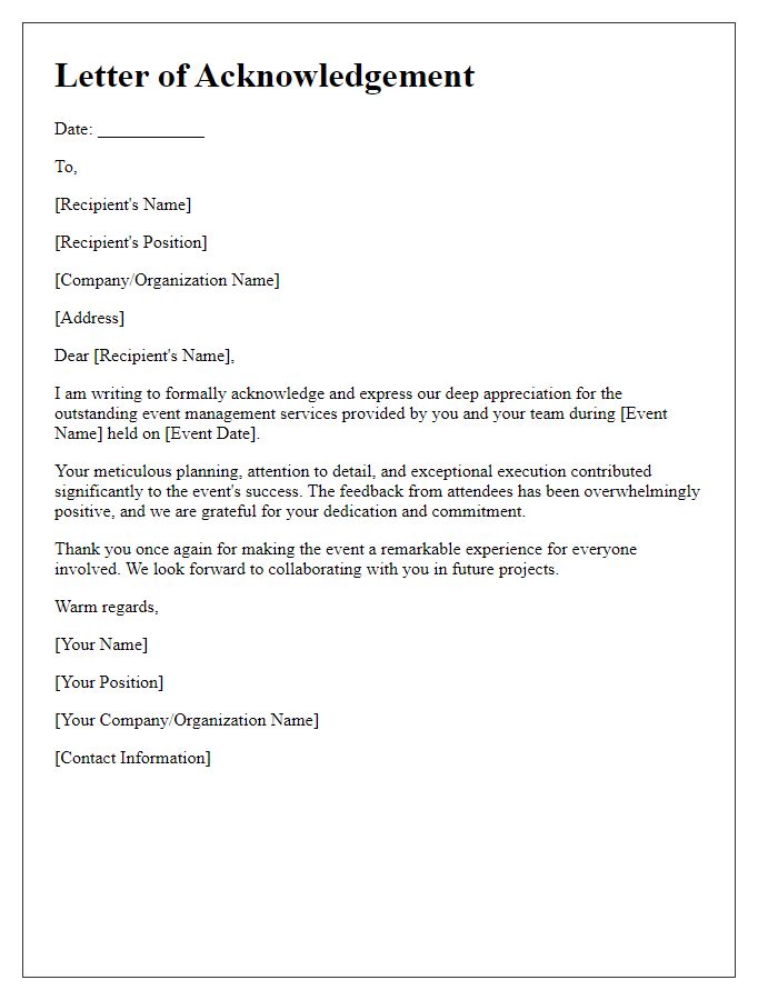 Letter template of acknowledgement for outstanding event management