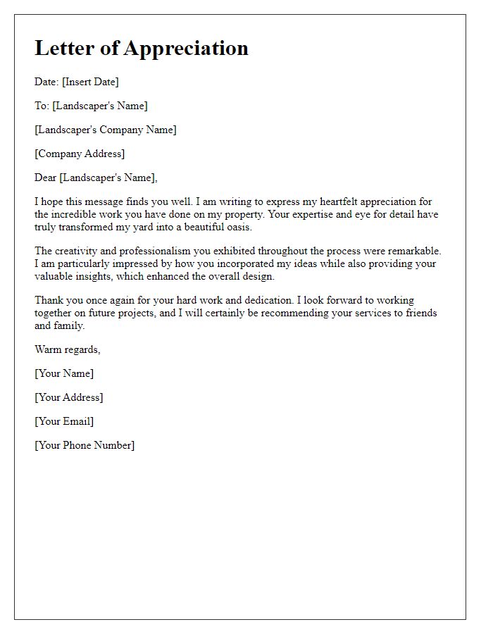 Letter template of appreciation for a talented landscaper